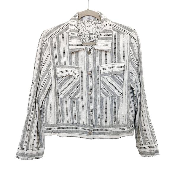 Fate Linen Patchwork Stripe Cropped Jacket White Black Size M Cottage Boho Lagom - Picture 1 of 10
